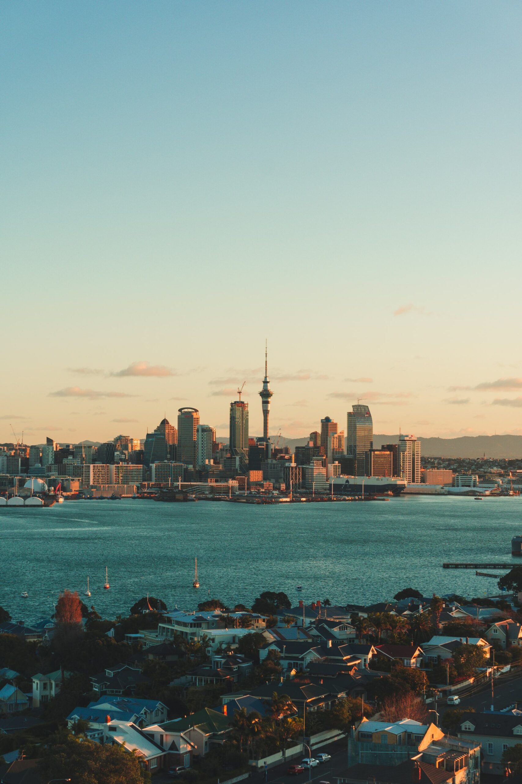 Auckland skyline and Sky Tower at golden hour, New Zealand