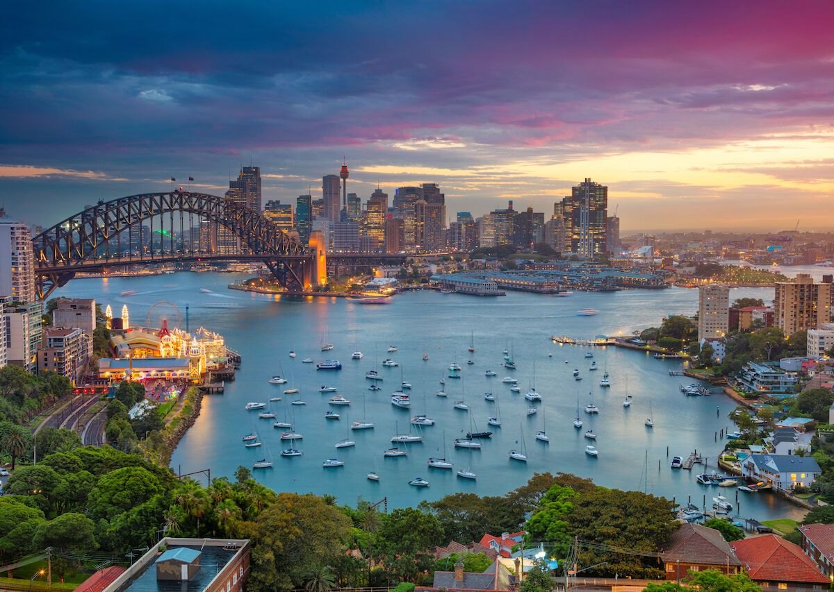 Sydney Harbour Bridge and city skyline at sunset